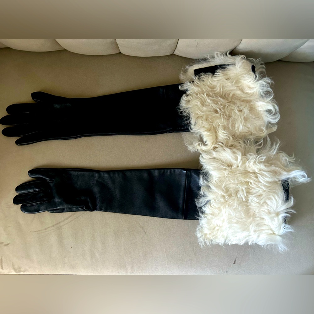 Black Long Leather Opera Gloves with Goat Fur trim gift ideas fall winter
